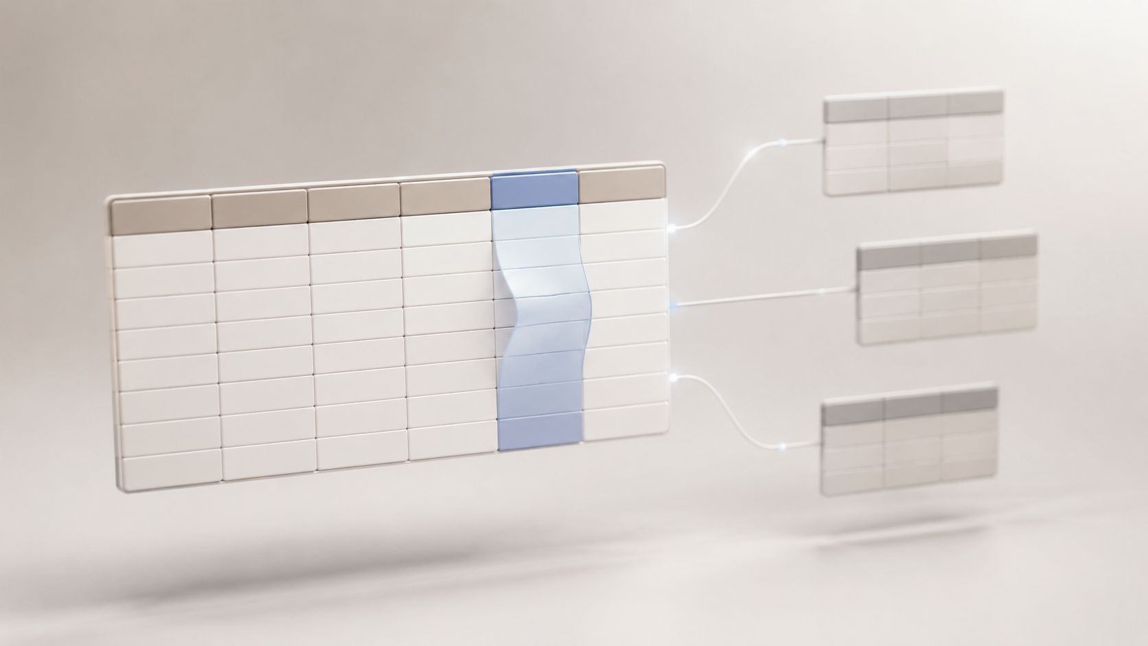 A 3D visualization showing a large data table connecting to three smaller sub-tables in a pipeline flow.