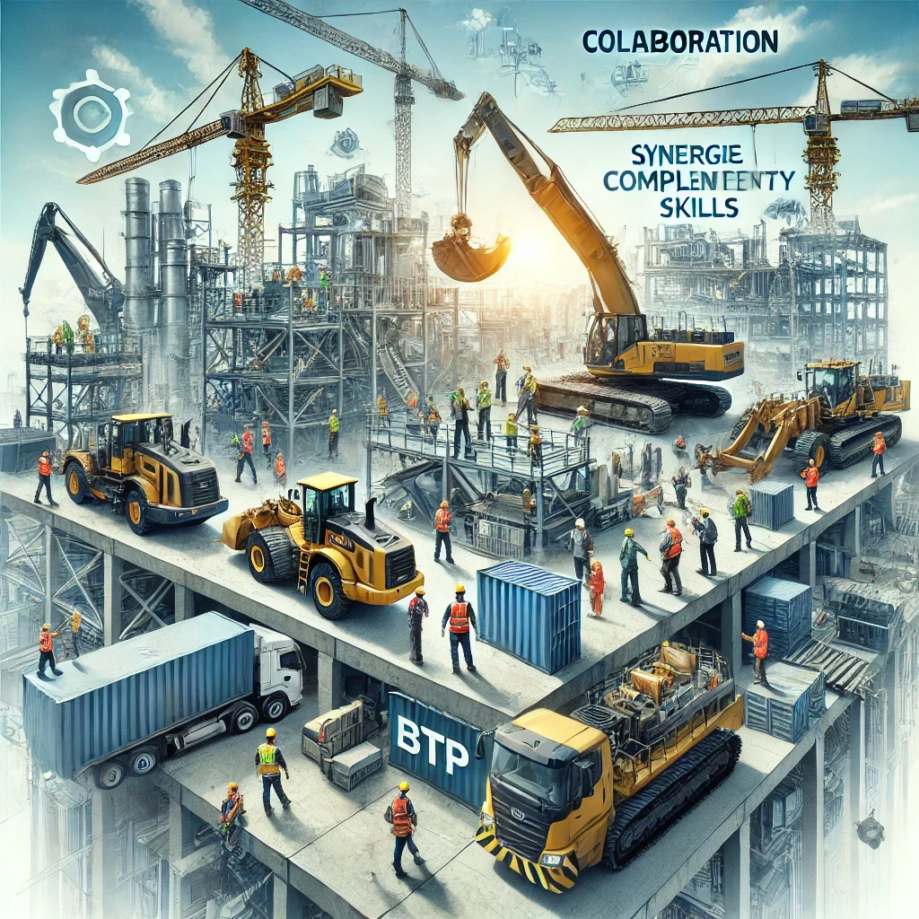 plusieurs entreprises du BTP collaborant sur un grand projet, illustrant les synergies et compétences complémentaires nécessaires pour créer un groupe structuré dans ce secteur