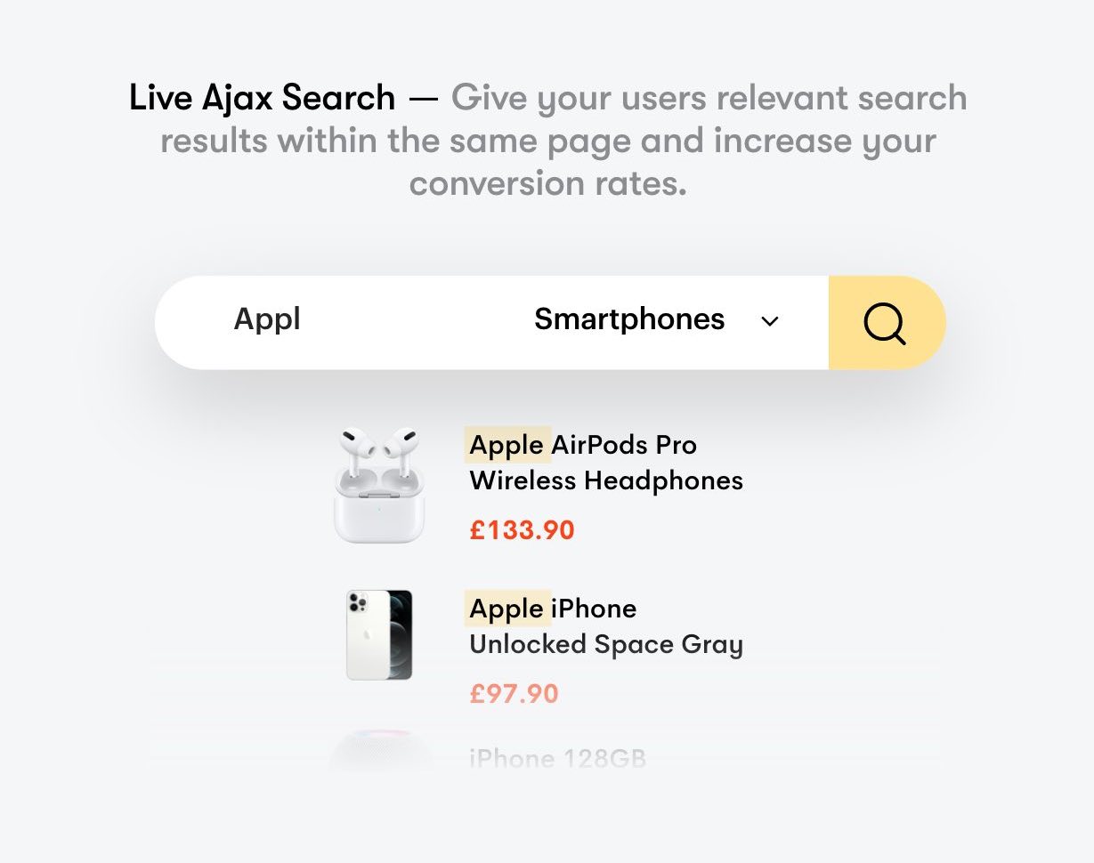 Live search bar preview showing instant dropdown product results for Apple electronics.