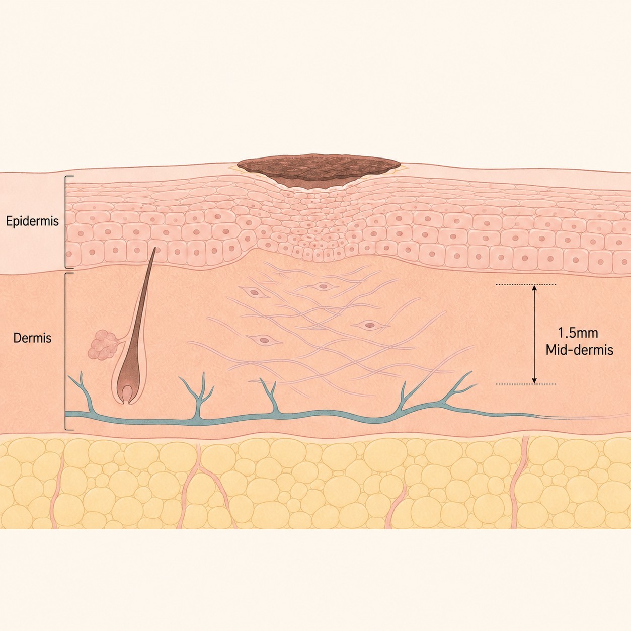 A scab over the tiny wounds in the epidermis, with new skin filling in beneath