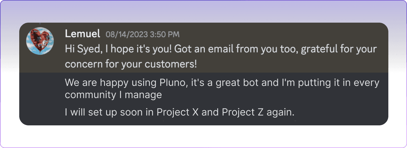 Community moderator sharing how Pluno’s Discord bot streamlined community management, prompting them to introduce it to all their managed communities.
