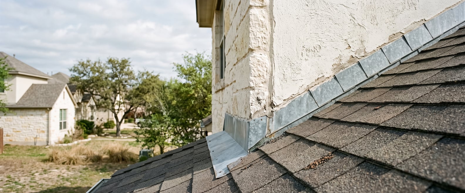 A kick-out flashing where a roof slope meets a stucco wall, with the counterflashing tucked into the render