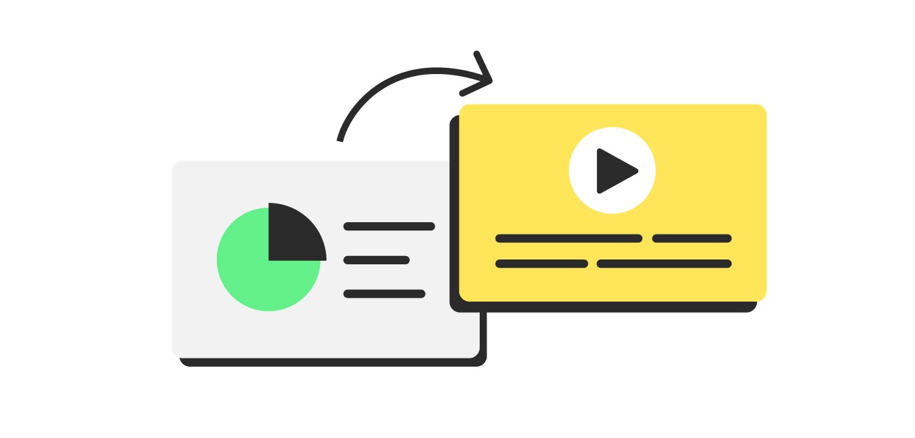 A yellow box featuring a green arrow directing attention to a video, highlighting the PPT to video conversion feature.