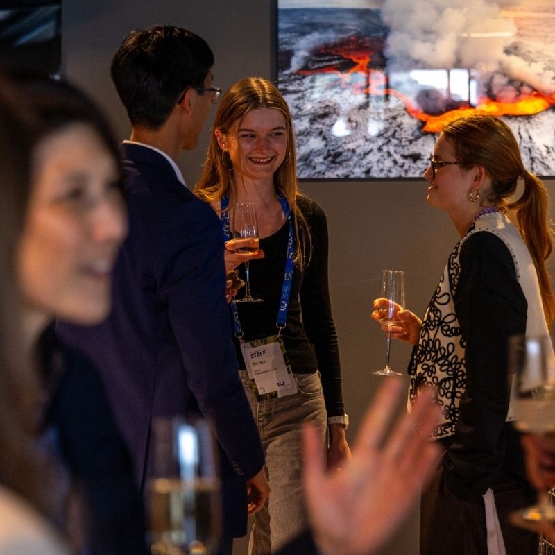 Eine gemütliche und festliche Szene in der Premium Lounge bei der Lava Show, eingerichtet für ein Feiertagstreffen. Die Gäste sitzen an Tischen und genießen Essen und Gespräche, umgeben von warmem Licht, Weihnachtsdekorationen und einem Buffet mit isländischen Gerichten. Das dunkle Interieur wird durch hängende Glaswaren, Lichterketten und lava-inspirierte Kunstwerke an den Wänden akzentuiert, was eine intime Atmosphäre schafft, ideal für MICE-Events, Treffen und private Zusammenkünfte.