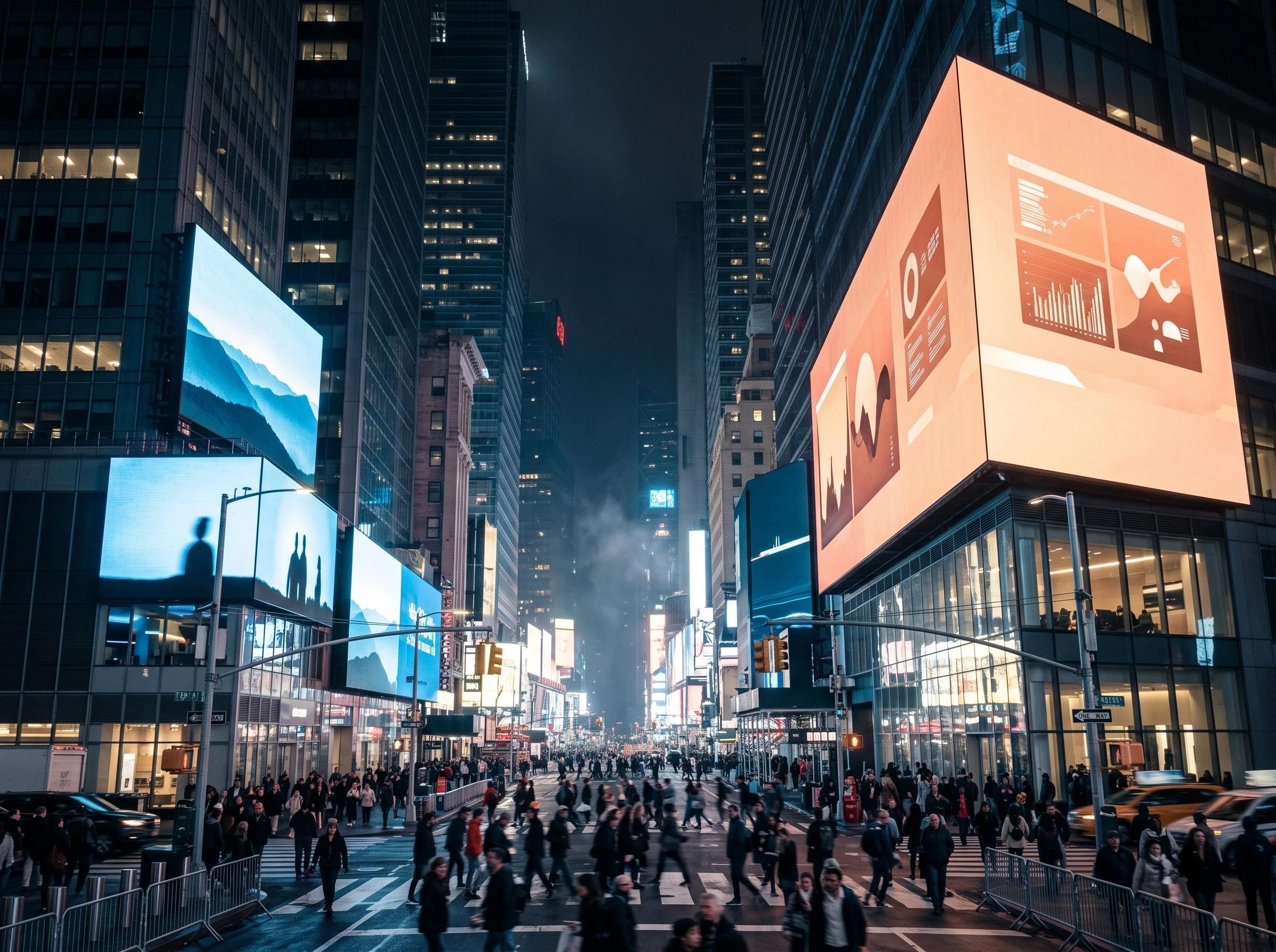 Crowded city square at night beneath illuminated digital billboards
