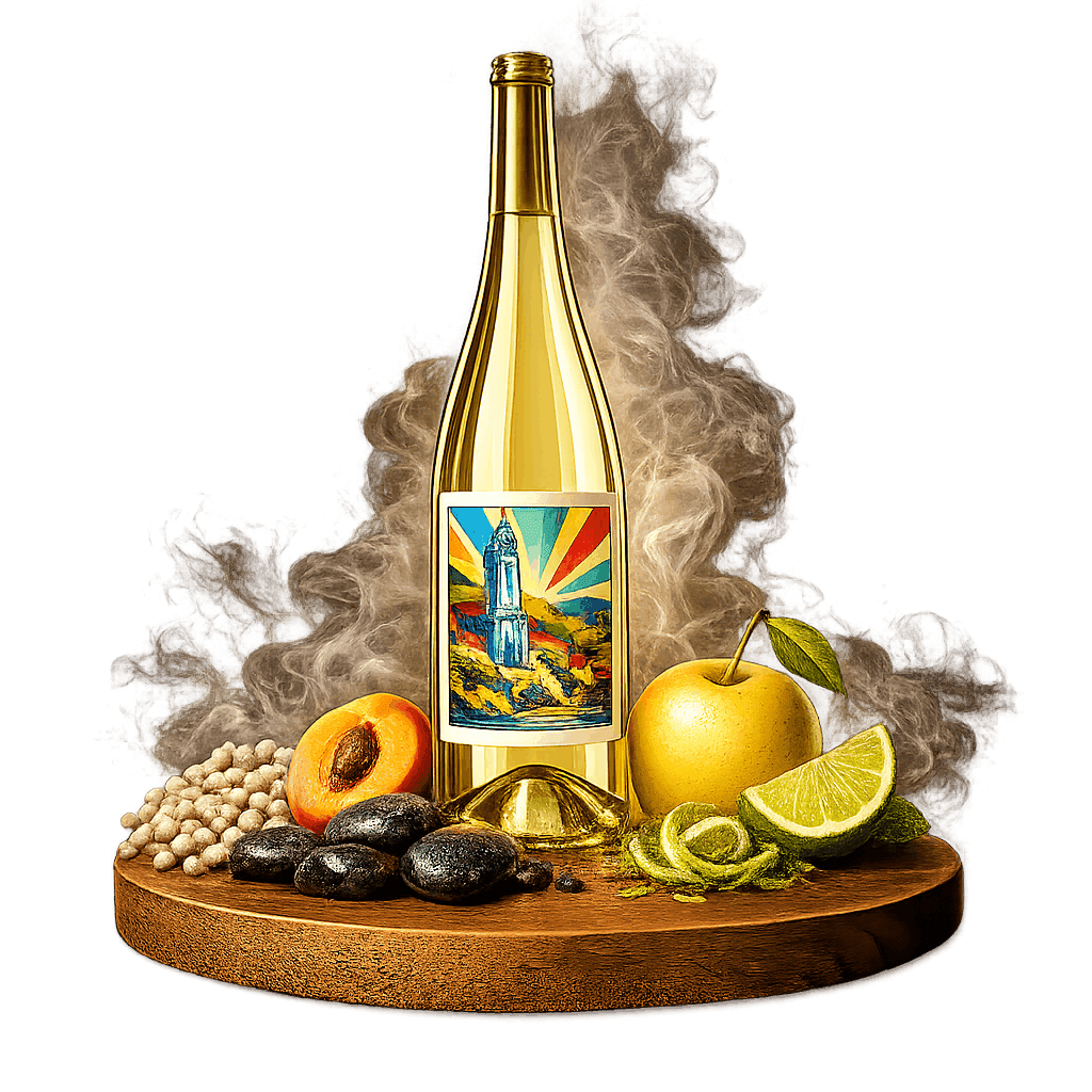 Artistic label and flavor profile for Austrian Wachau Grüner Veltliner on a rustic wooden table.