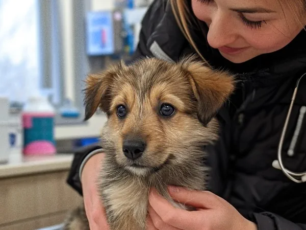 woman holding a puppy