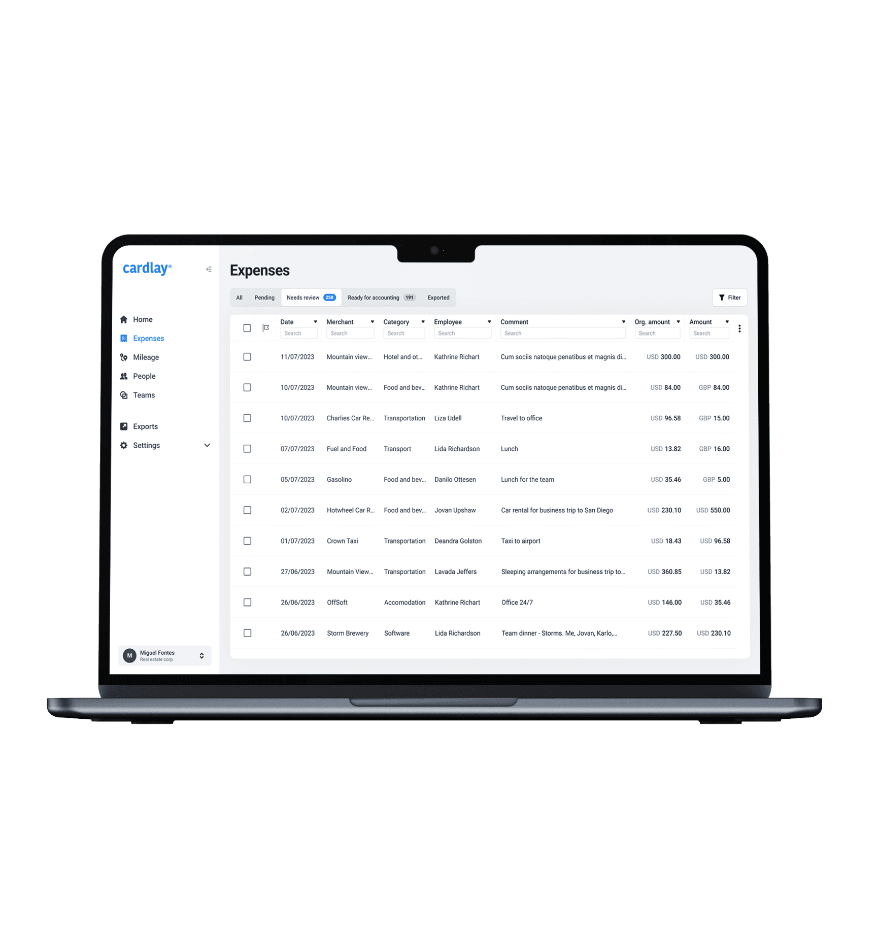  Visualization of the Cardlay Expense website showcasing the feature of managing expenses.