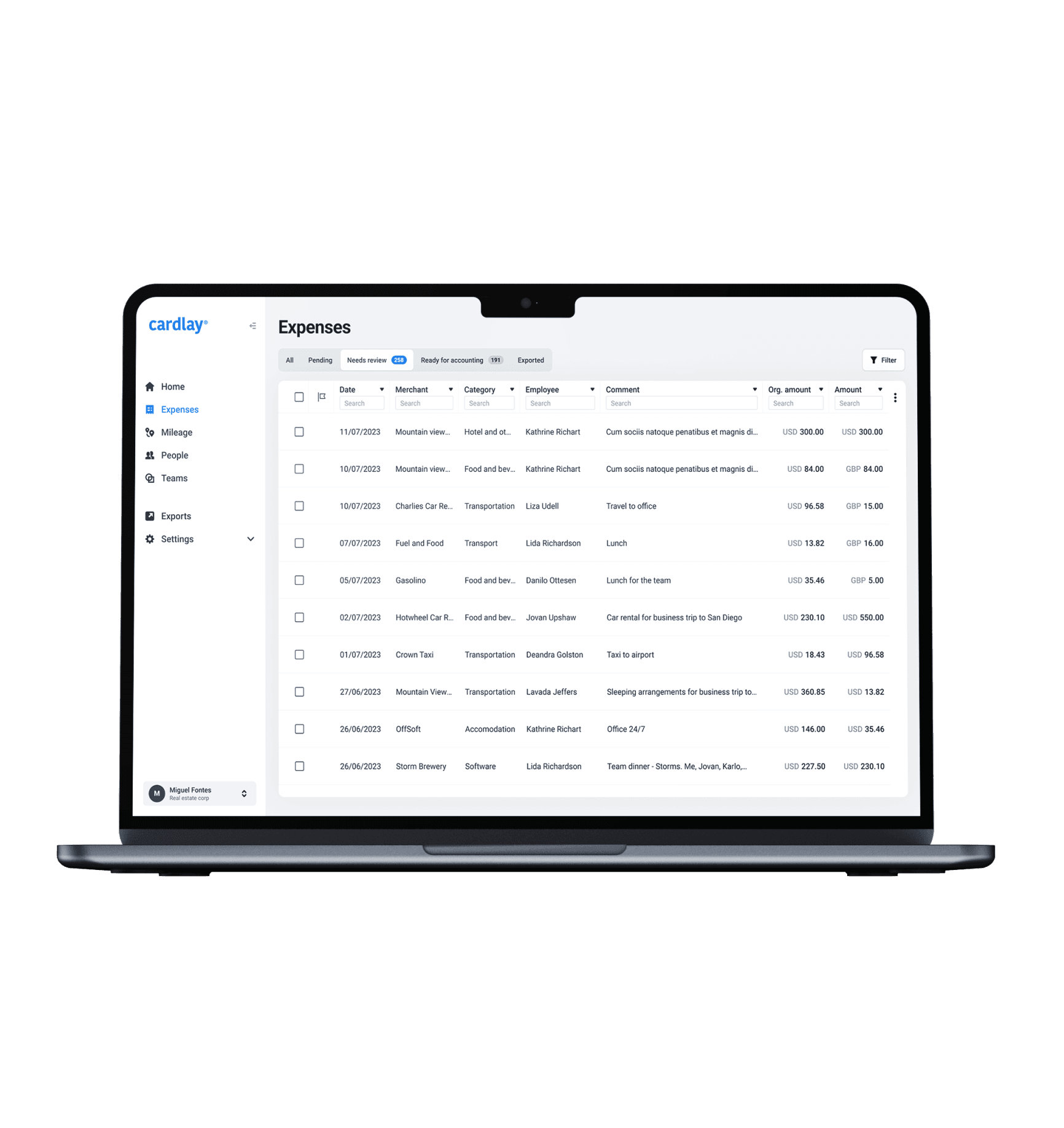 Computer displaying the cardlay expense website.