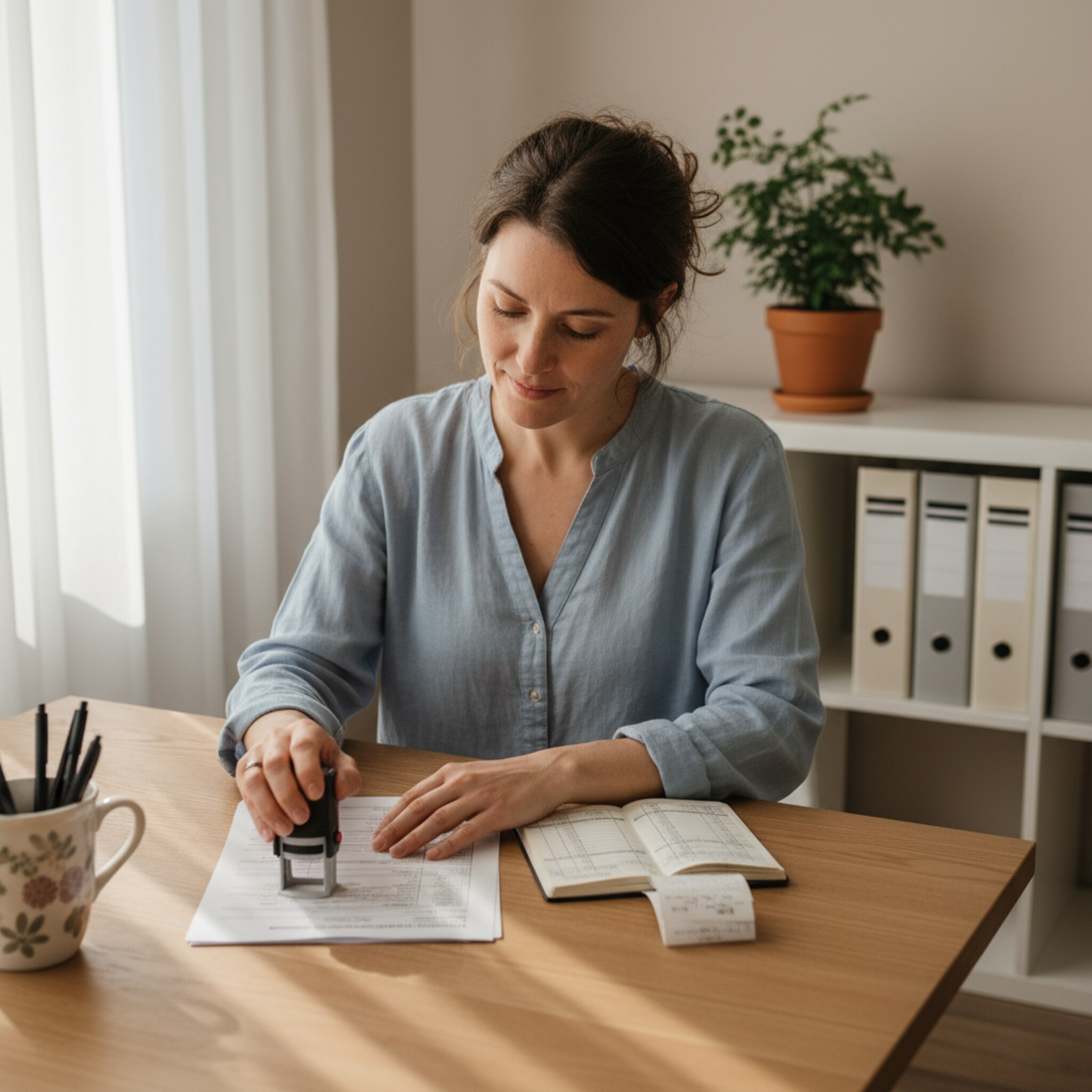 In einem kleinen Büro sitzt eine Verwalterin an einem aufgeräumten Schreibtisch. Sie sortiert Belege und stempelt ein Formular, Ordner stehen ordentlich im Regal. Durch das Fenster fällt ruhiges Licht. Auf dem Tisch liegt ein schlichtes Kassenbuch.