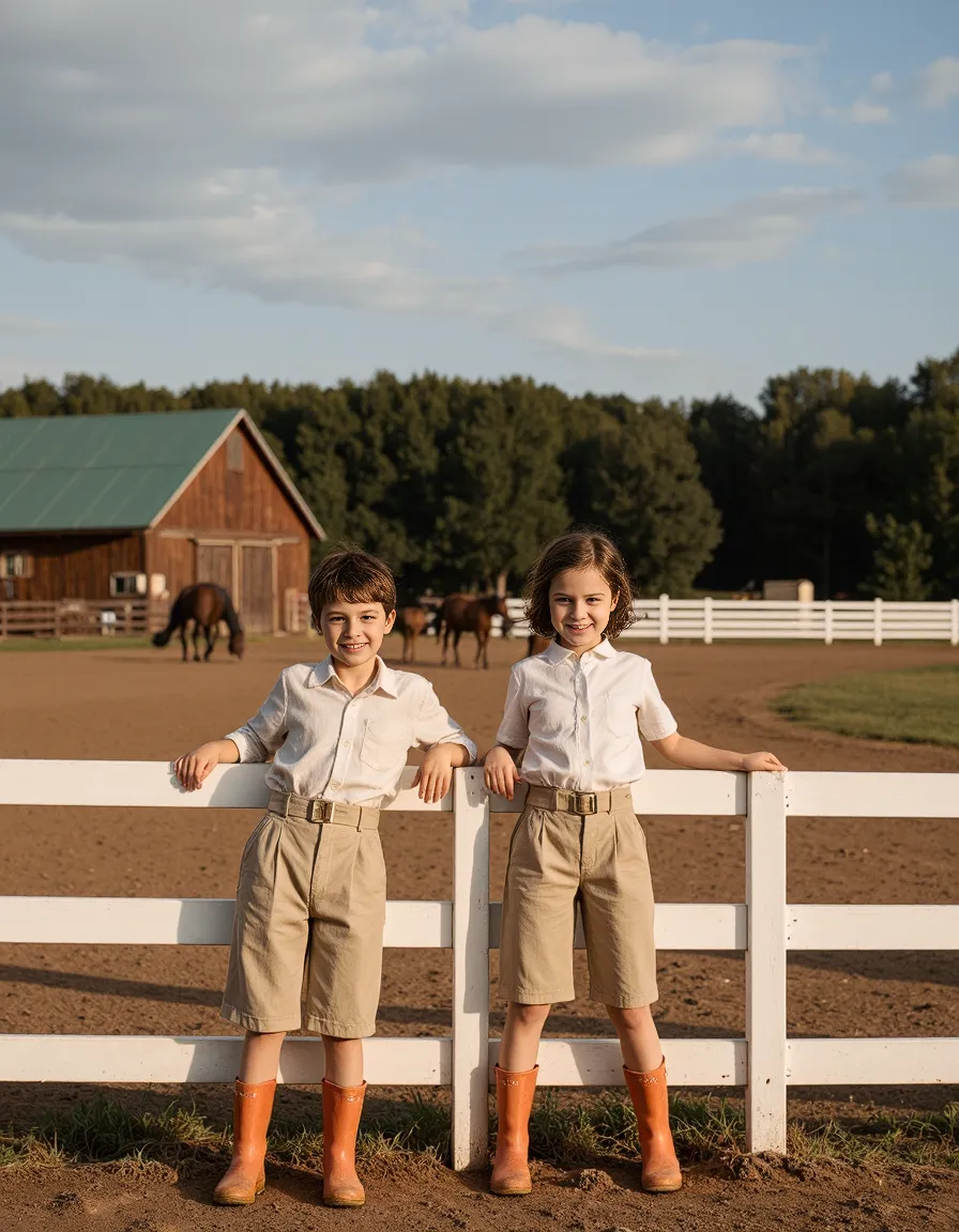 Two children in matching white shirts and khaki shorts with brown boots stand by white fence at sunset, with barn and horses in background