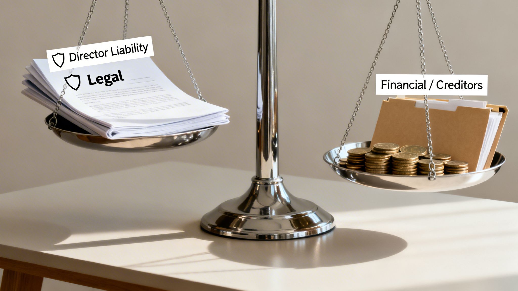 A scale of justice balancing legal documents and director liability against financial assets and creditors.