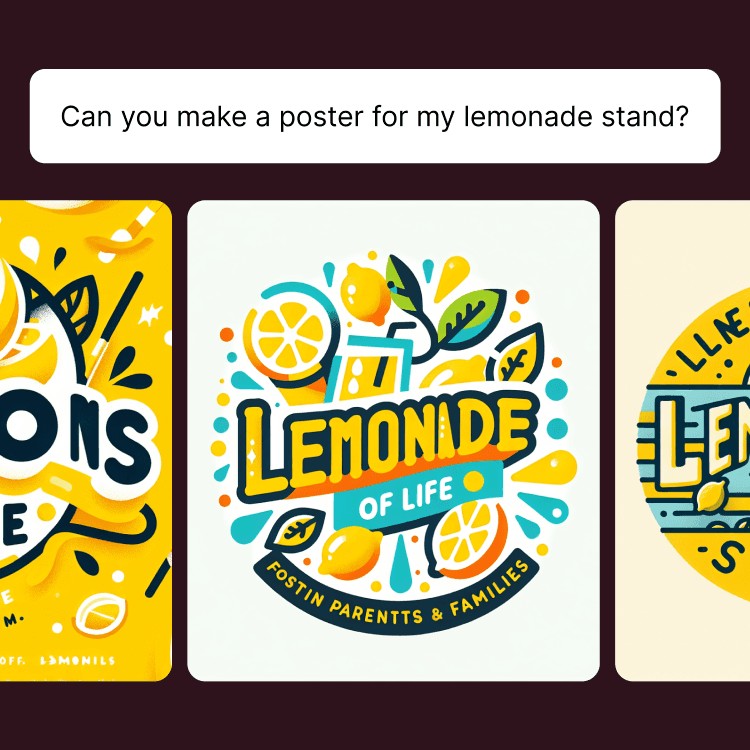 Student asking Flint to generate a poster for a lemonade stand and three generated options displayed.