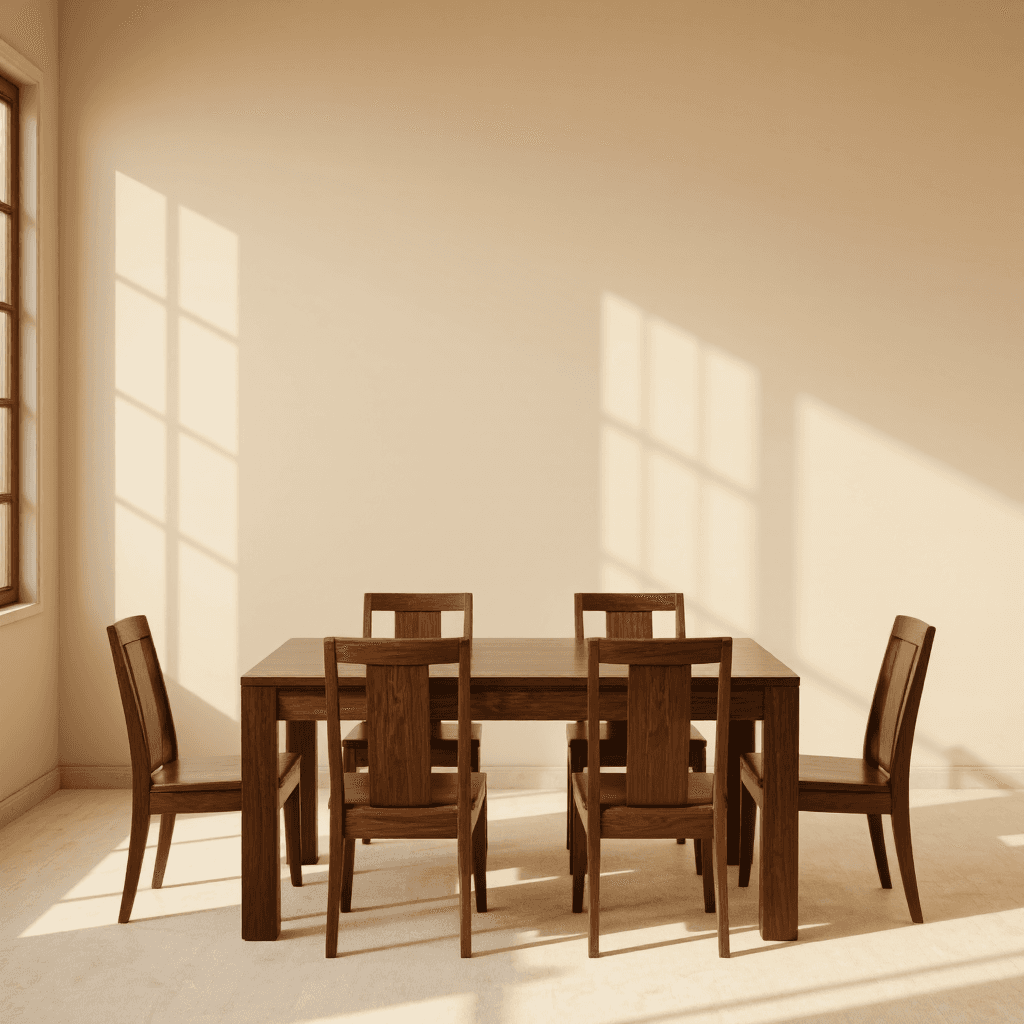 product photography of a wooden dining table set with six chairs