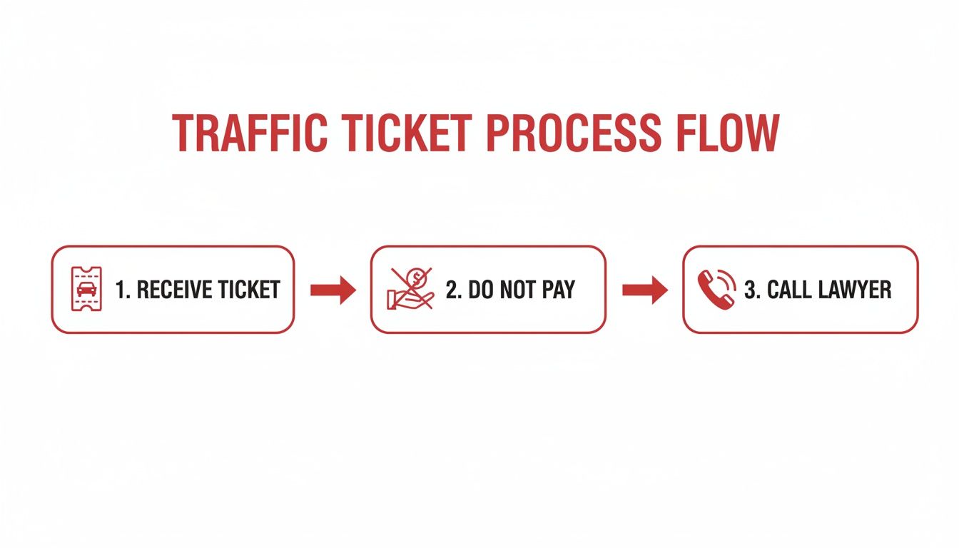 Flowchart showing three steps for handling a traffic ticket: receive ticket, do not pay, and call a lawyer.