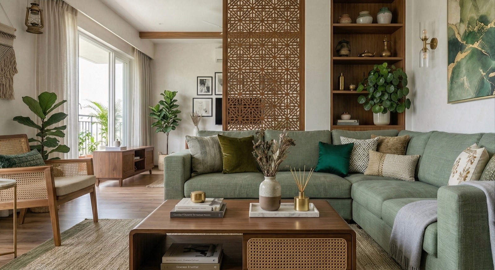 Vintage-modern living room with tufted sofas, false ceiling, and layered warm lighting.