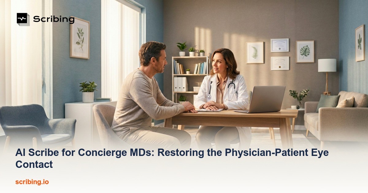Concierge physician maintaining direct eye contact with a patient during a consultation in a modern medical office, illustrating documentation-free patient engagement enabled by AI scribes