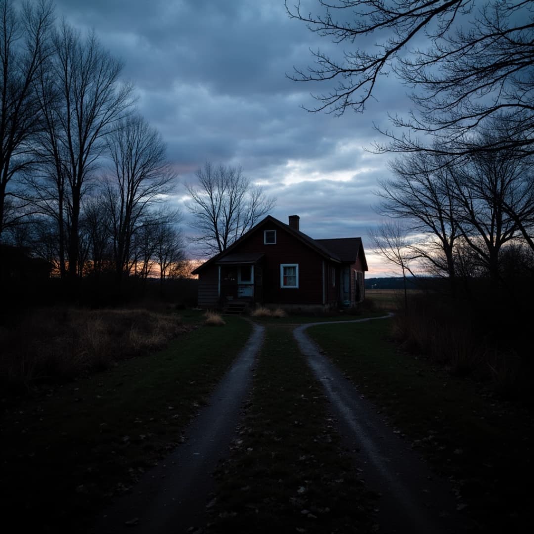 ein haus bei dämmerung, das haus ist umgeben von natur