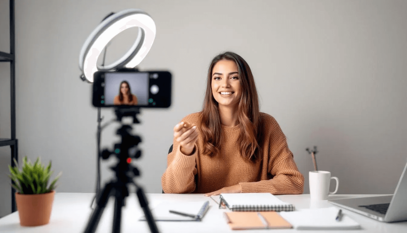 A content creator is filming a TikTok video using a smartphone and a ring light, focusing on creating high-quality content for social media platforms. The setup suggests an effort to produce engaging and shareable videos that can capture the attention of new audiences.
