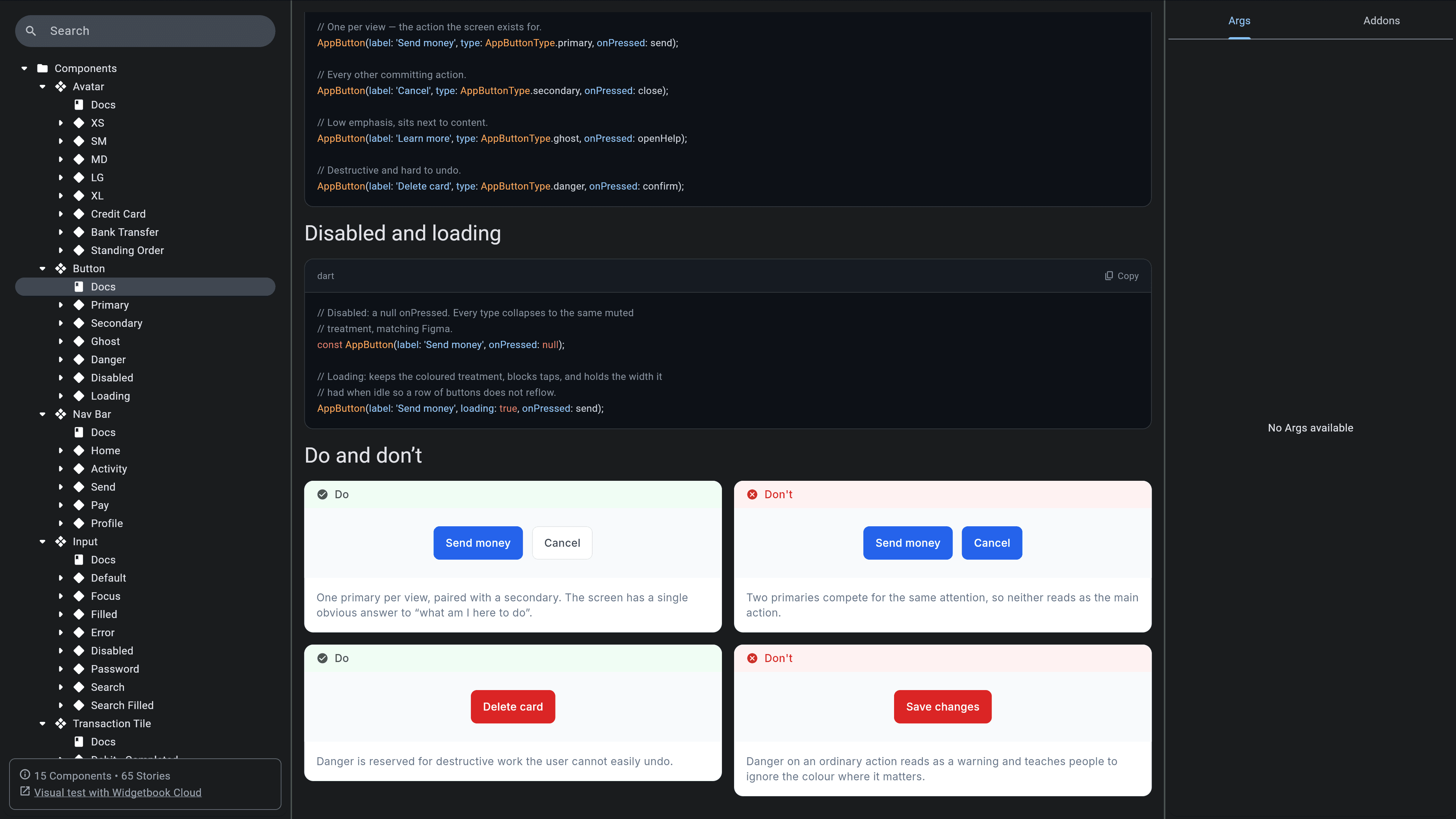 Widgetbook preview the docs of the Button component