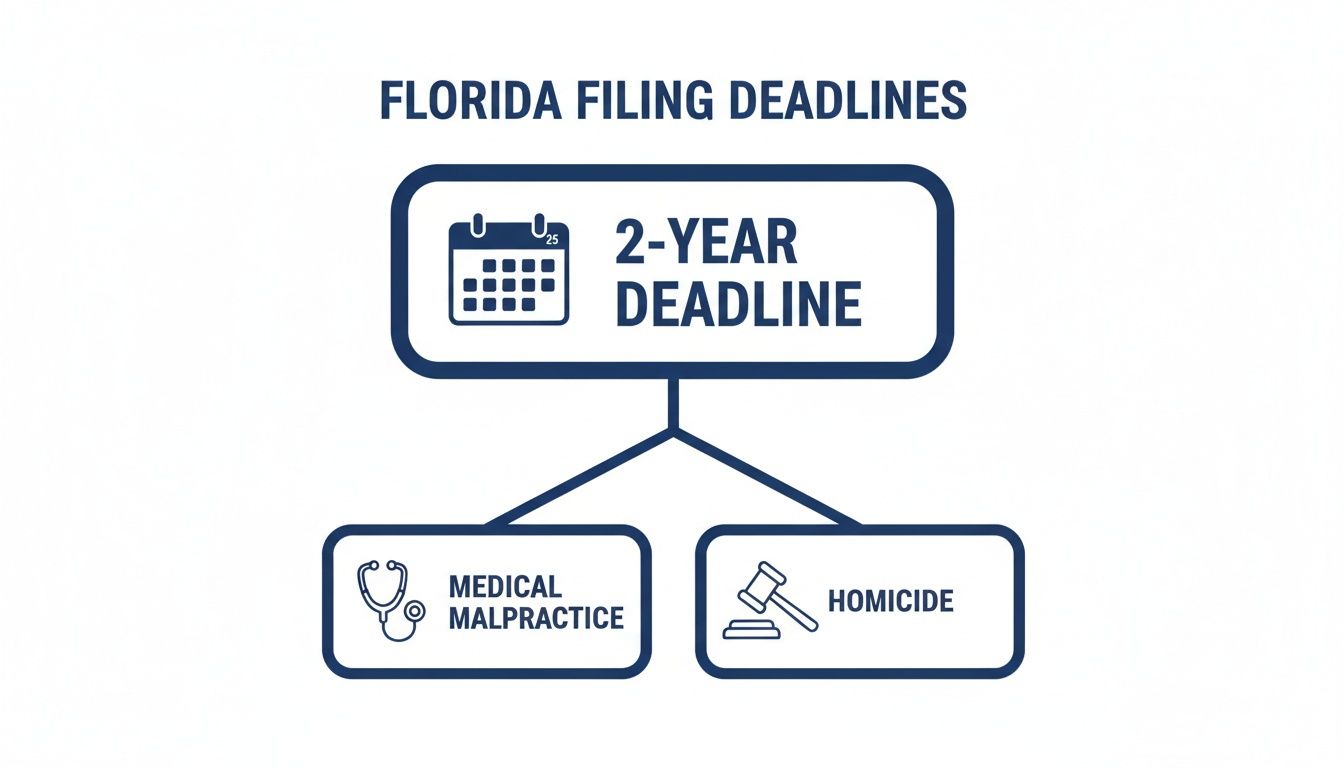 A flowchart outlining Florida's 2-year filing deadline for medical malpractice and homicide cases.