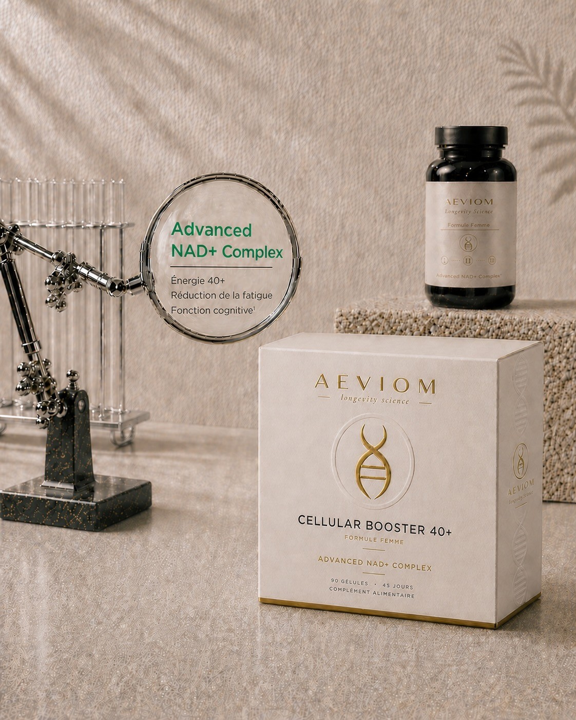 Aeviom Cellular Booster 40+ Femme — formule longévité française  par Aeviom Labs. Métabolisme, fatigue et fonctions psychologiques après 40 ans.