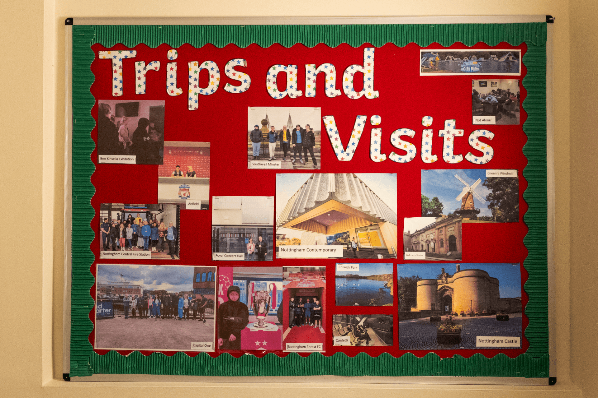 Bulletin board decorated with a collection of travel photos and visited places, showcasing cultural destinations and stunning landscapes