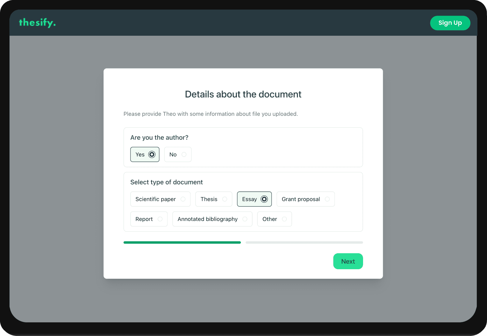 Screenshot of the onboarding questions after uploading a draft in thesify