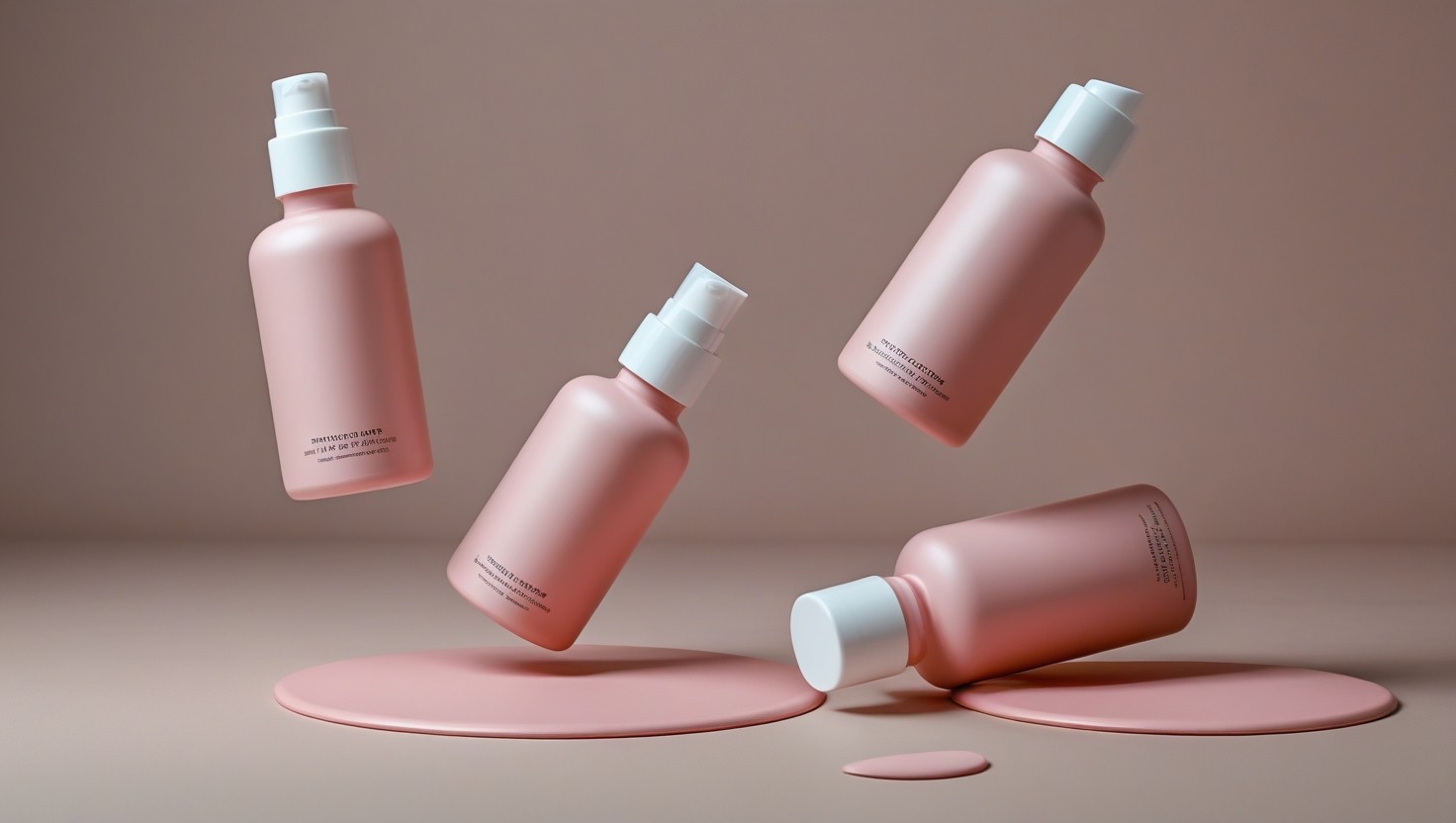 four pink bottles falling onto a muted pink surface