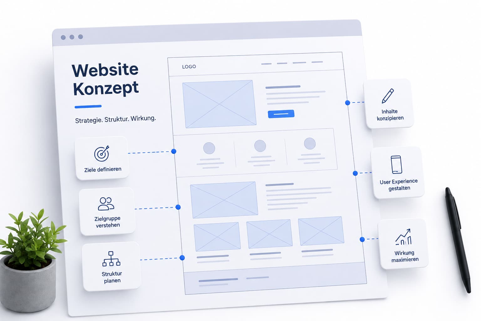 Grafische Darstellung zur Website Konzeption mit Wireframe und Strukturplanung. Das Bild zeigt Website Strategie, Seitenstruktur, Nutzerführung und Conversion Konzept für professionelle Unternehmenswebsites.