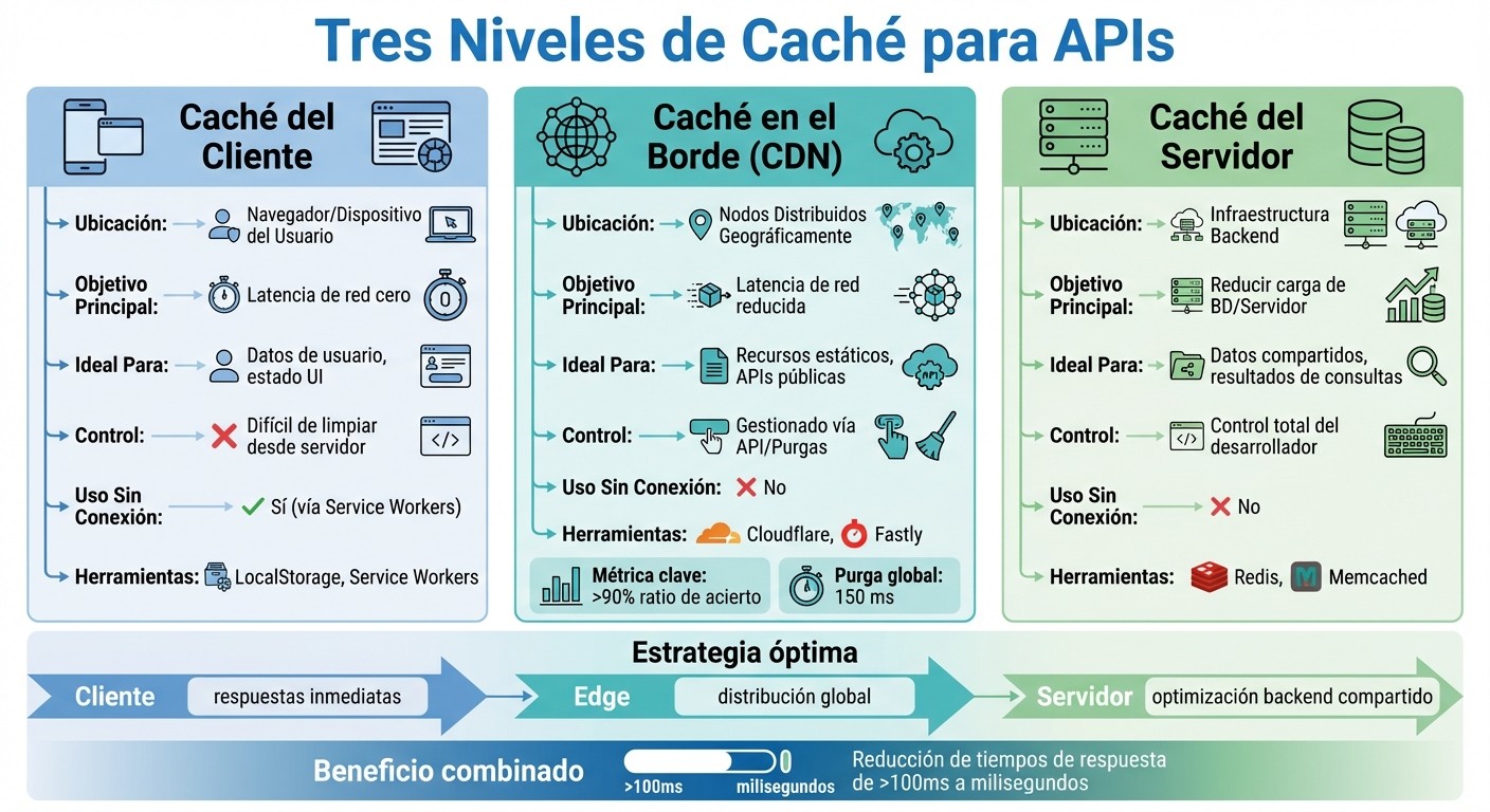 Comparación de métodos de caché para APIs: cliente, servidor y CDN