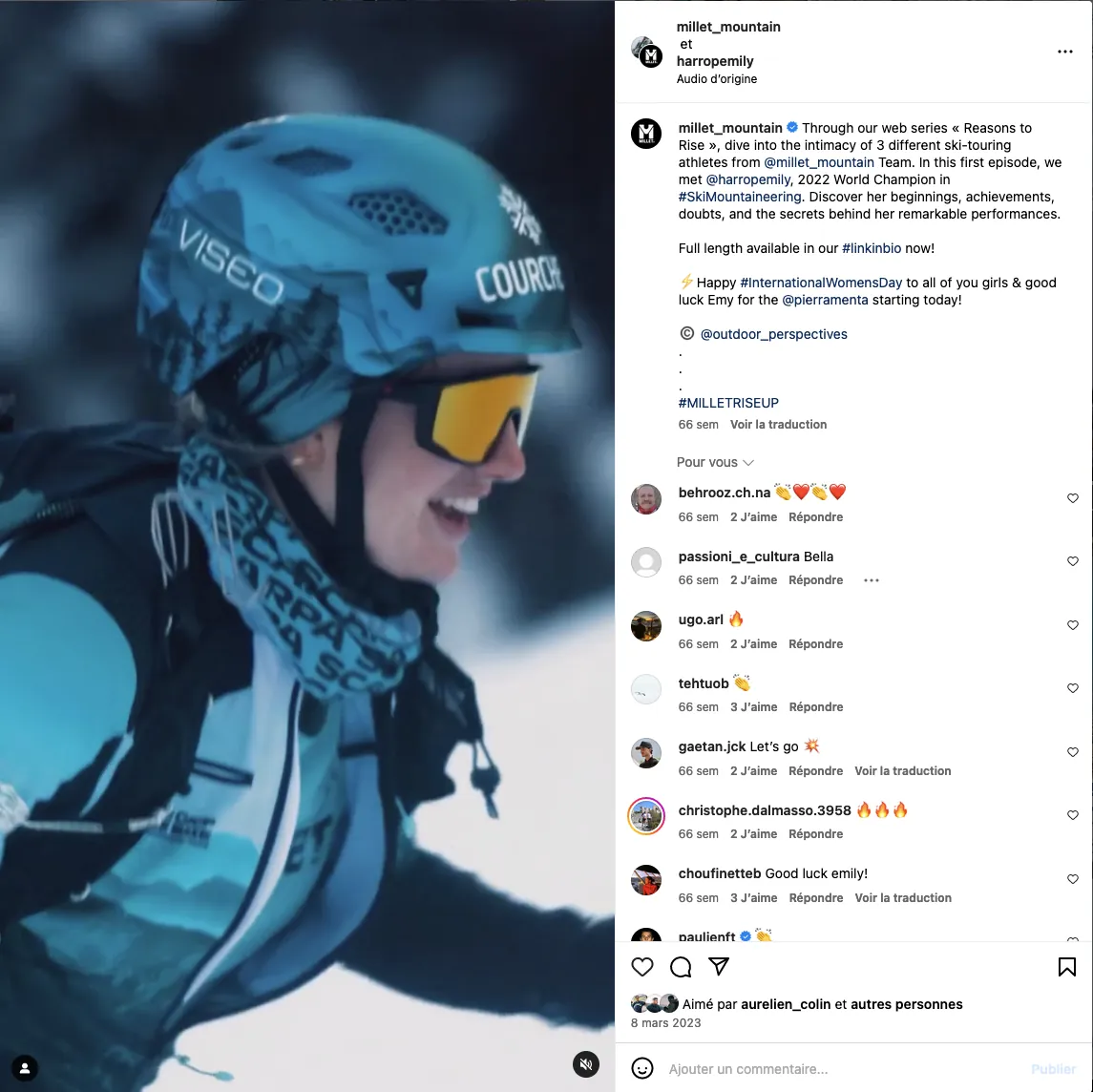 Extrait Instagram de la série “Reasons to Rise” présentant Emily Harrop, athlète Millet.