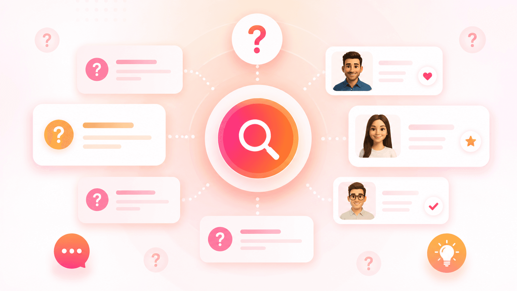 A clean FAQ graphic with question marks, profile cards, and a search icon.