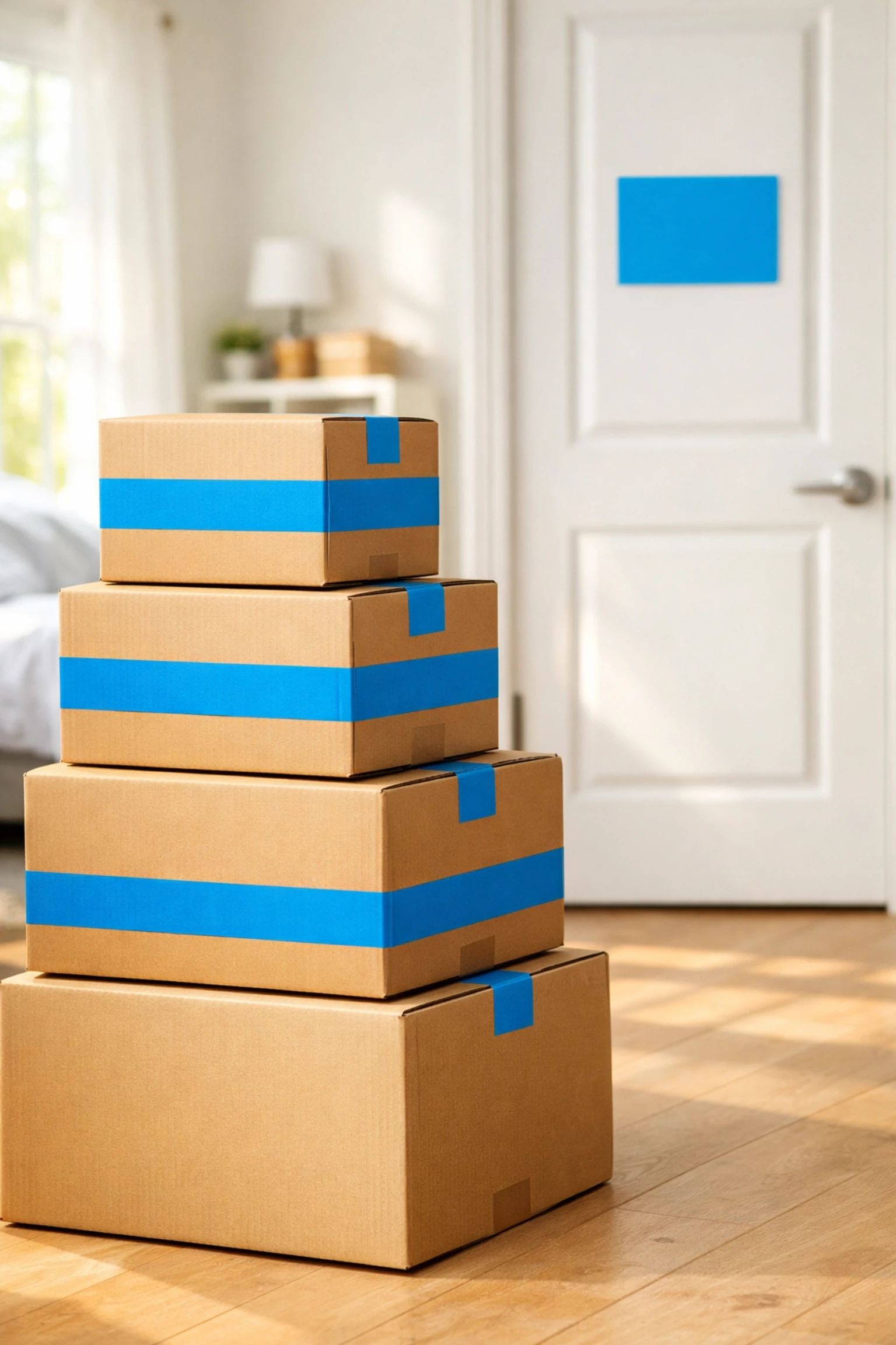 Color-coded moving boxes with blue tape, a top packing service San Francisco hack for an organized move.