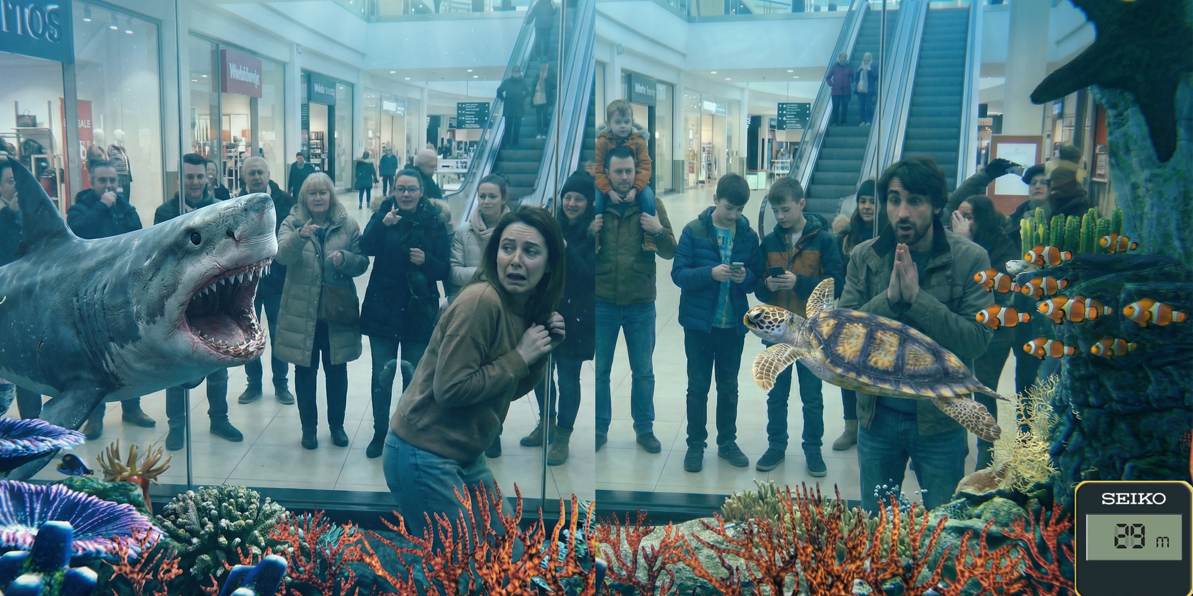 SEIKO interactive AR wall — live-feed underwater mirror with motion-reactive sharks, fish and octopus responding to every movement.