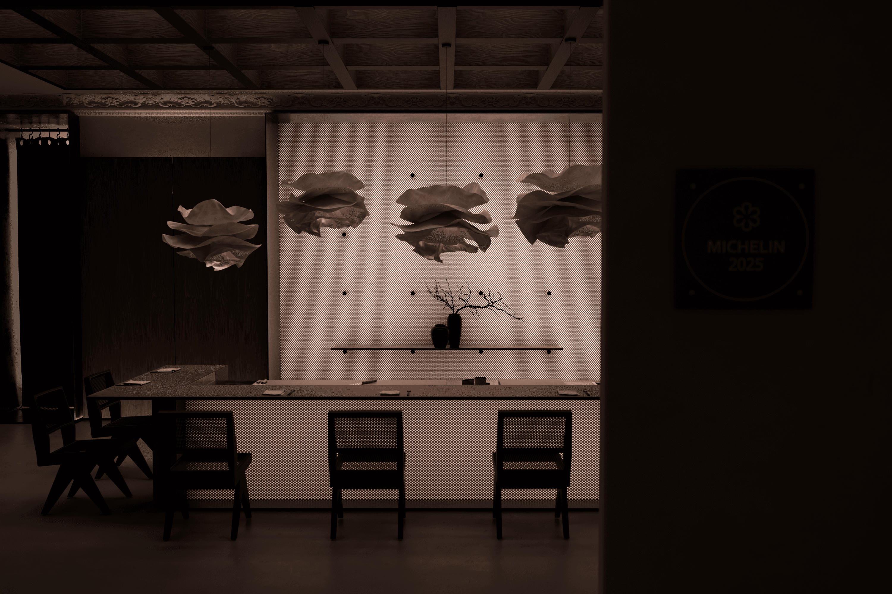 Rendu 3D salle de restaurant omakase à Paris, ambiance tamisée et luminaires organiques — Aure Moukala