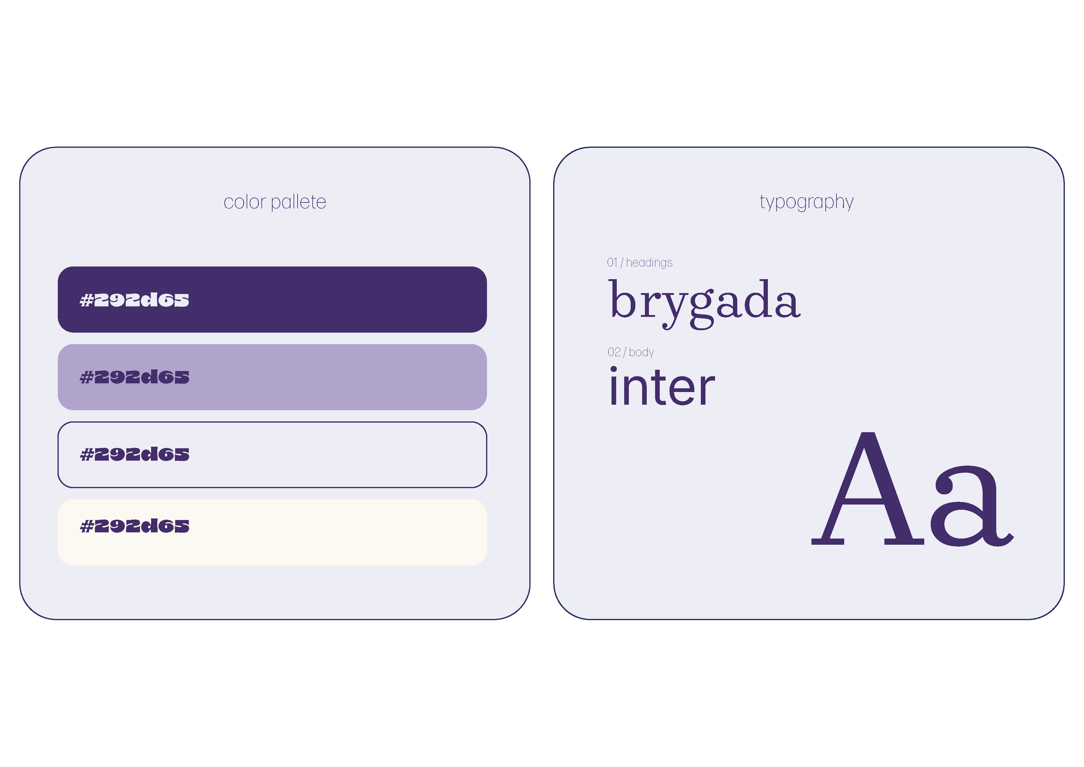 FotoBU brand guide: purple color palette and typography with Brygada and Inter fonts.