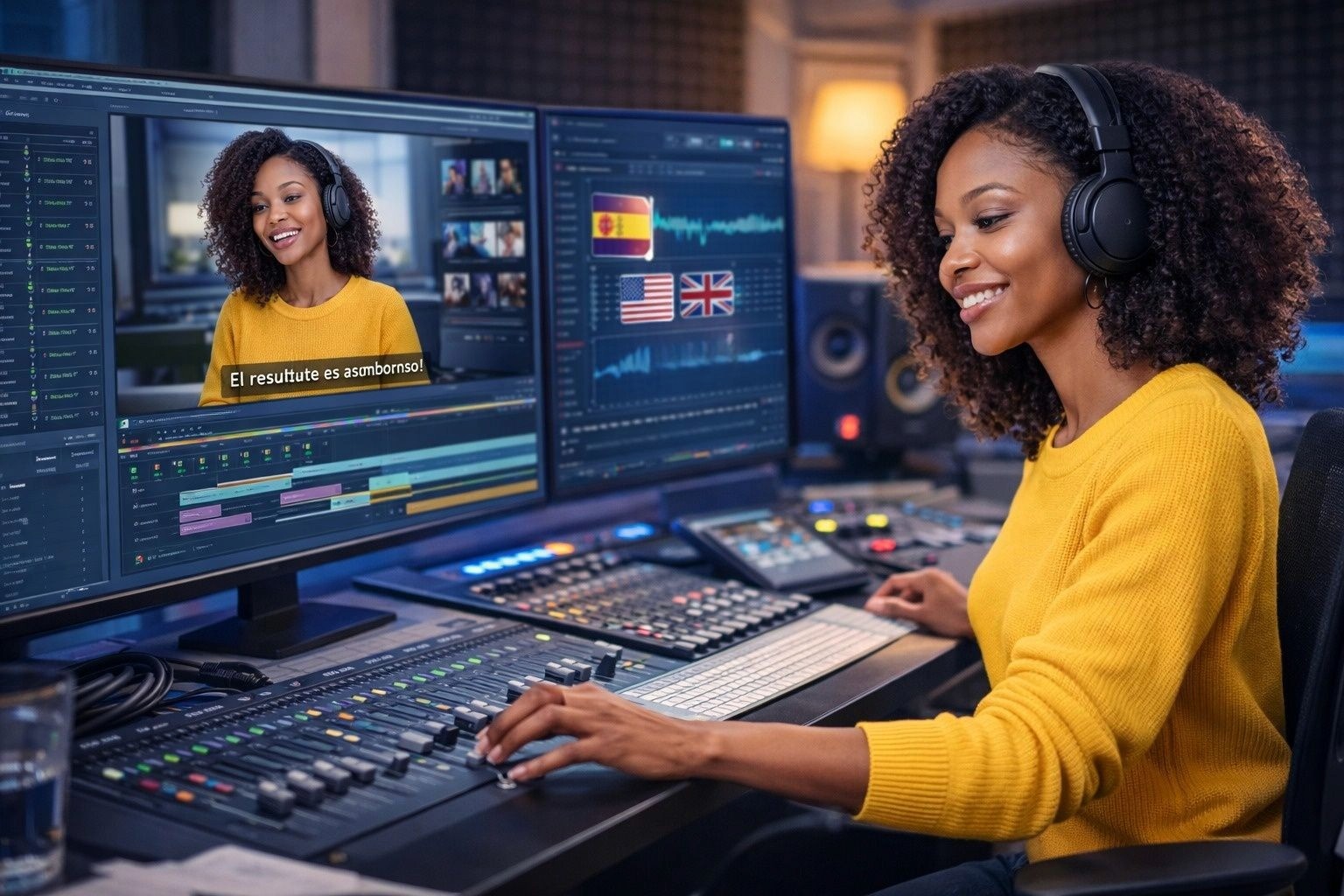 Video editor working with AI dubbing and video translator software, reviewing multilingual subtitles and audio tracks