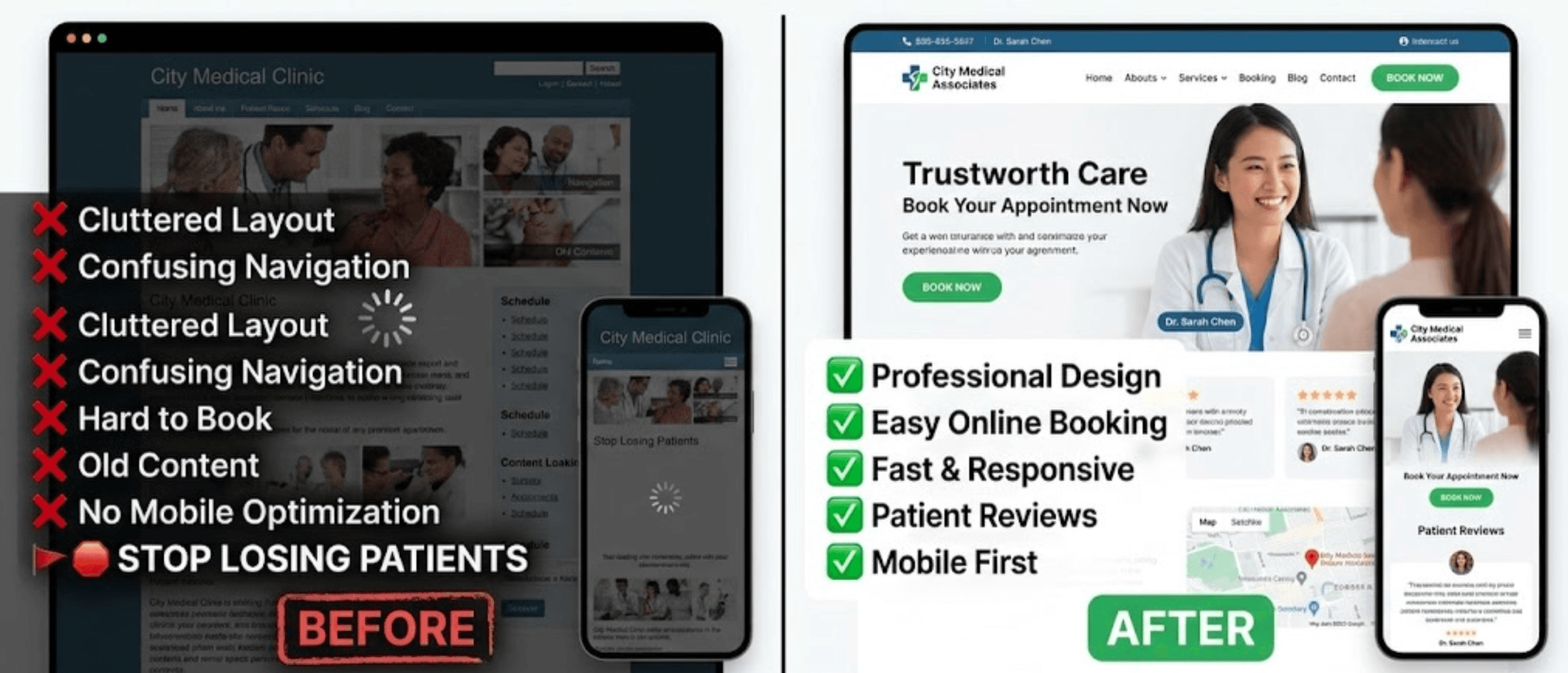 Outdated vs modern medical practice website design comparison showing layout and trust signal differences