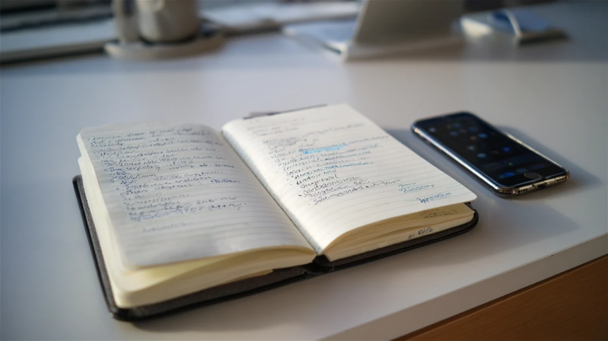 Open notebook with three-column layout next to smartphone on simple desk