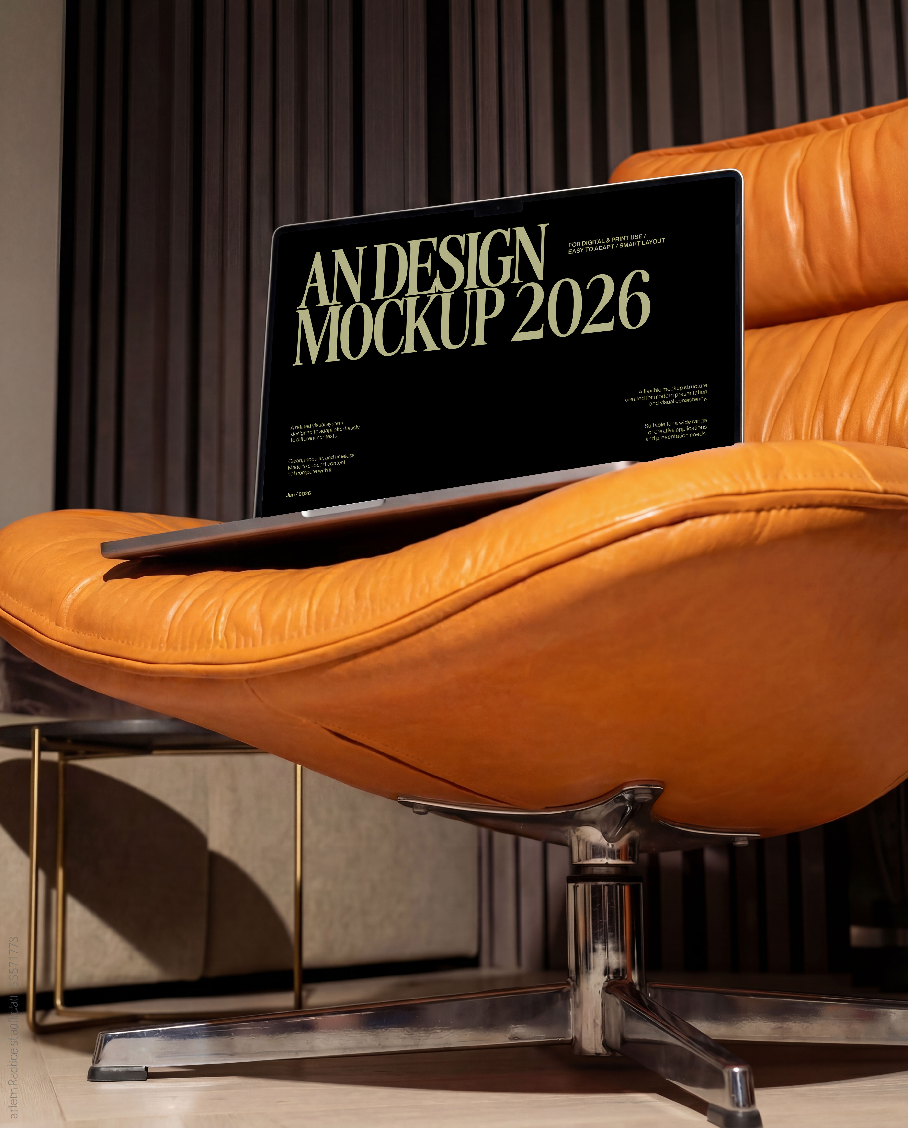 Laptop mockup on couch, clean lifestyle scene