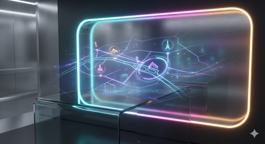 Futuristic yet minimal travel concept — AI interface blended with maps, routes, and landmarks, soft neon accents, clean UI-inspired visuals, modern tech-travel fusion, no text
