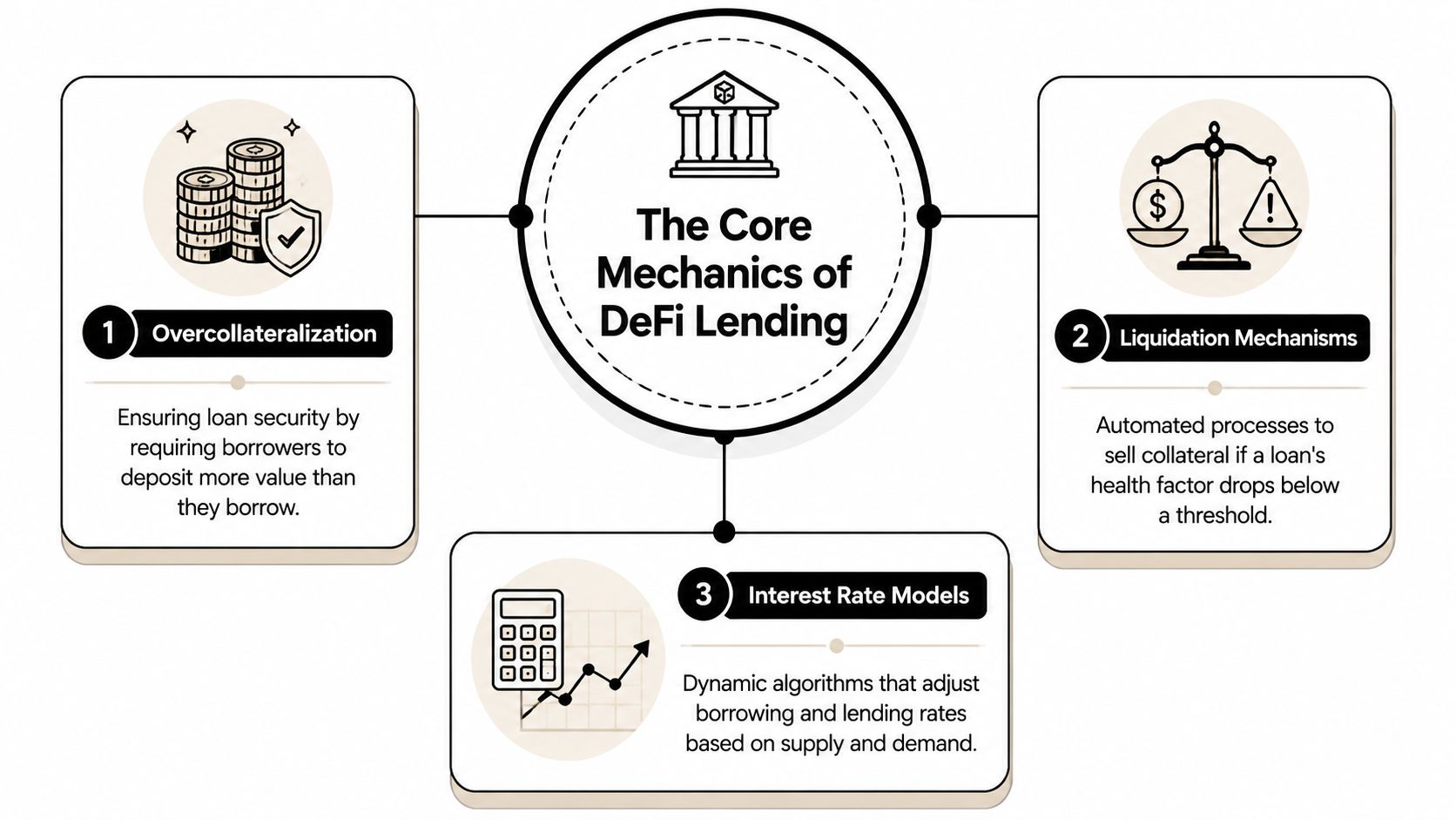 An infographic showing the three core mechanics of DeFi lending: overcollateralization, liquidation mechanisms, and interest rate models.