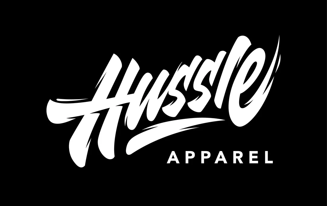 Hustle Apparel logo in modern black and white script