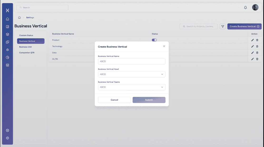 A structured admin interface that enables teams to define business domains, assign leadership, and organize projects effectively.