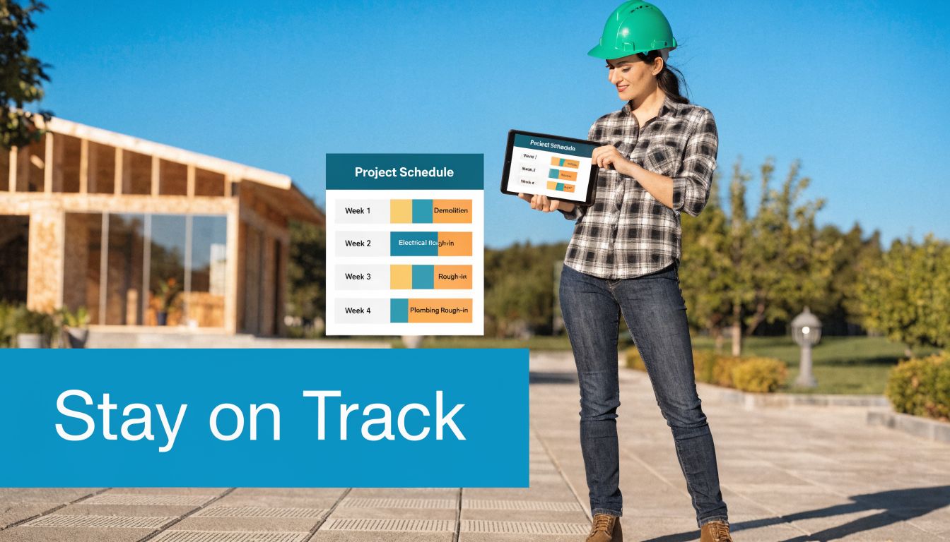 A construction manager in a hard hat holding a digital tablet displaying a residential remodeling project schedule.