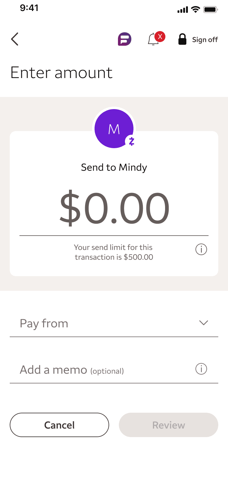 Enter amount screen with recipient added
