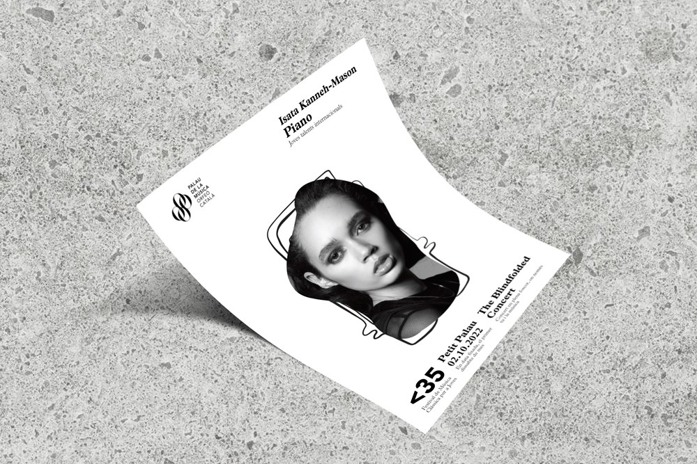 A Less Than 35 membership card or ticket featuring a black and white portrait photograph and bold typography, laid on a light textured surface.
