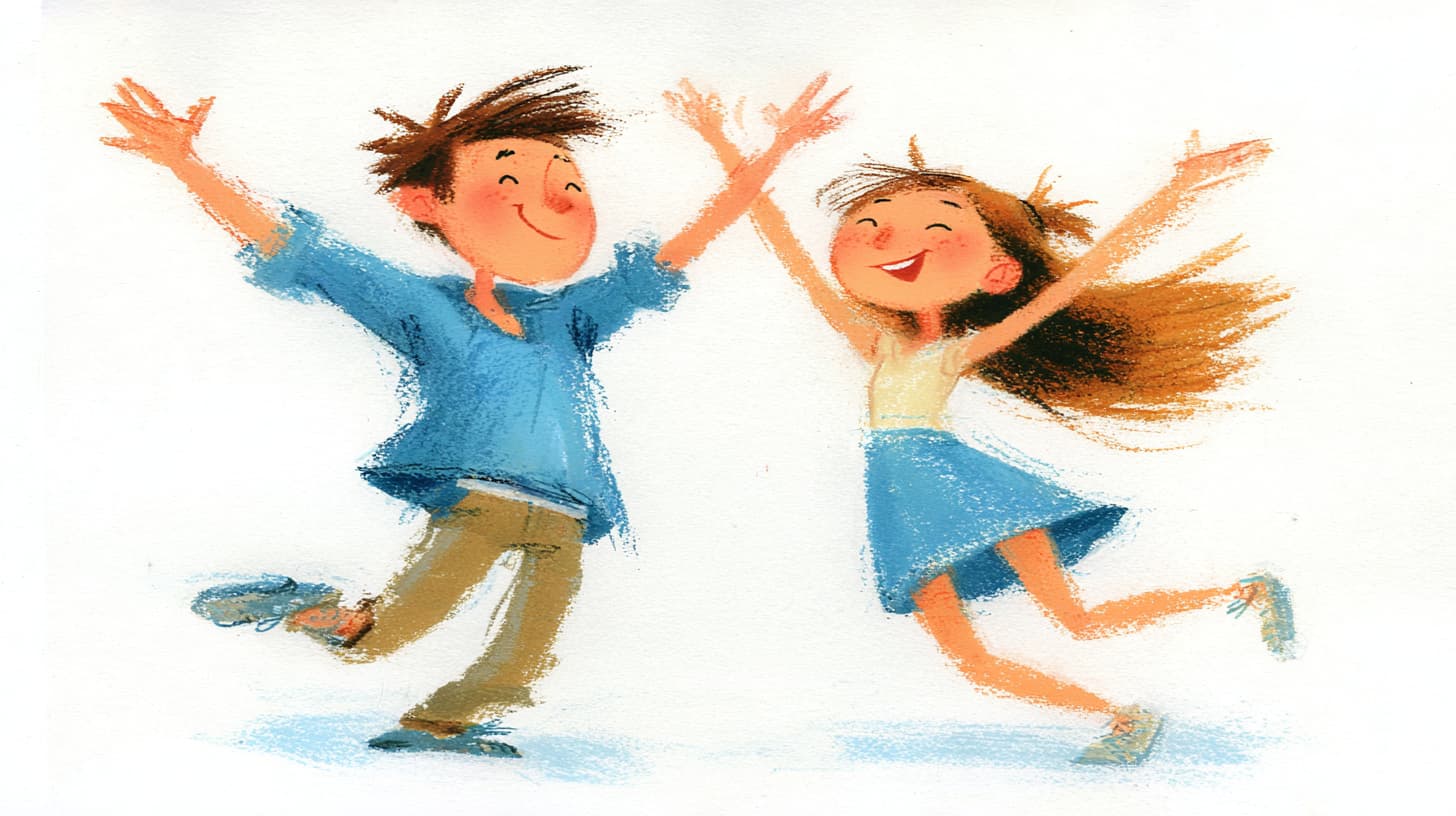 Illustration eines Elternteils und eines Kindes beim gemeinsamen Tanzen – erhobene Arme, ausgelassene Bewegung, spielerische Leichtigkeit.
