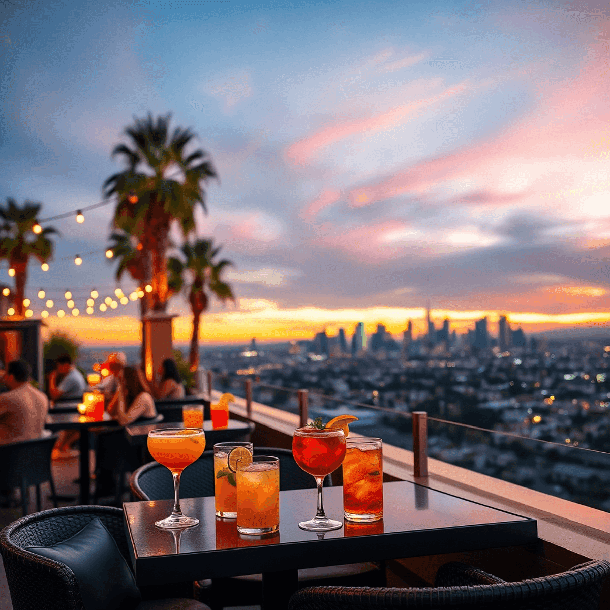 A lively rooftop bar in Los Angeles at sunset, featuring colorful cocktails, twinkling lights, palm trees, and stunning city skyline views.